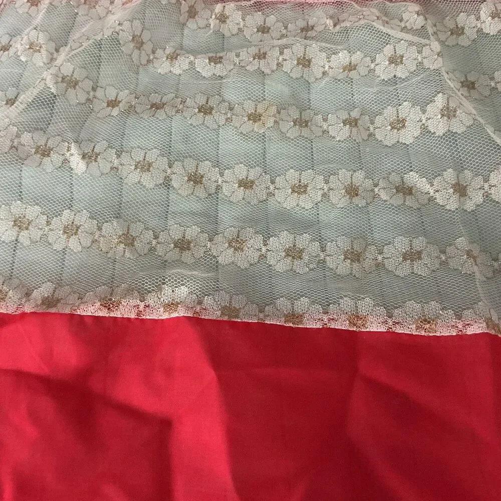 Vintage Red Sheer Hostess Apron White Floral Lace Overlay Retro 1950s 60” Tie